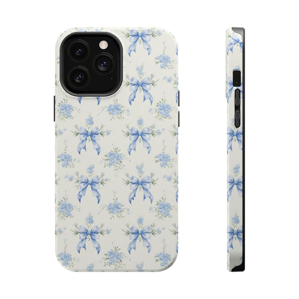 Mag Safe Phone Case  Preppy Blue Bows and Floral Design Magnetic Tough Case for iPhone - Durable