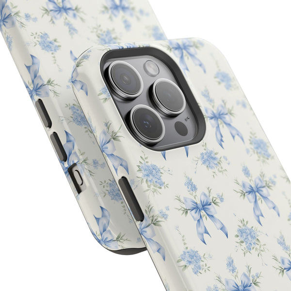 Mag Safe Phone Case  Preppy Blue Bows and Floral Design Magnetic Tough Case for iPhone - Durable