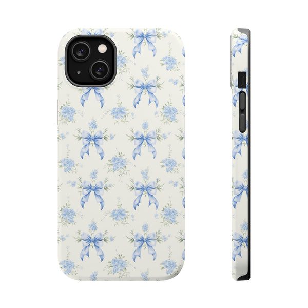 Mag Safe Phone Case  Preppy Blue Bows and Floral Design Magnetic Tough Case for iPhone - Durable