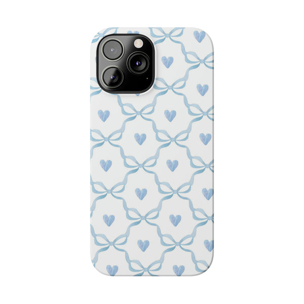 Bow and Heart Collab Print, Coquette blue and white, loveshackfancy inspired, preppy print Phone Case, all iPhone 15 14 Plus Pro Max 13