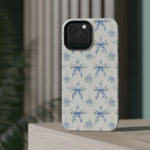 Mag Safe Phone Case  Preppy Blue Bows and Floral Design Magnetic Tough Case for iPhone - Durable