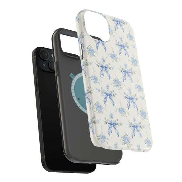 Mag Safe Phone Case  Preppy Blue Bows and Floral Design Magnetic Tough Case for iPhone - Durable