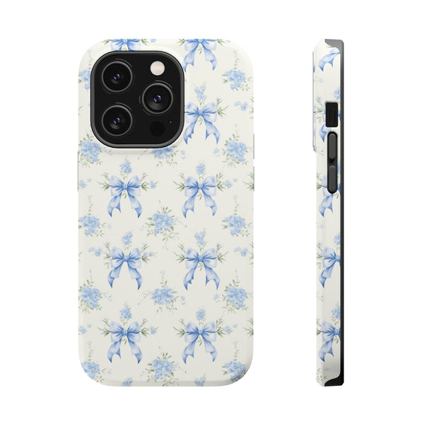 Mag Safe Phone Case  Preppy Blue Bows and Floral Design Magnetic Tough Case for iPhone - Durable