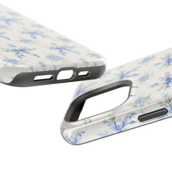 Mag Safe Phone Case  Preppy Blue Bows and Floral Design Magnetic Tough Case for iPhone - Durable