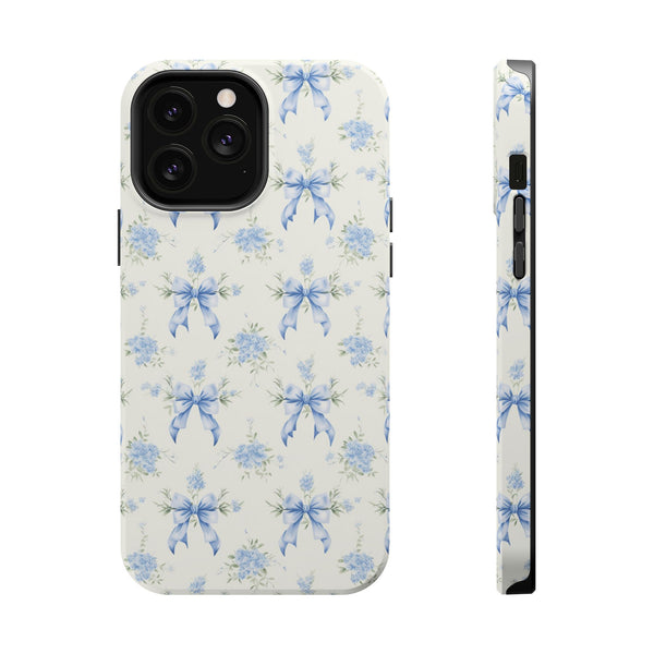 Mag Safe Phone Case  Preppy Blue Bows and Floral Design Magnetic Tough Case for iPhone - Durable