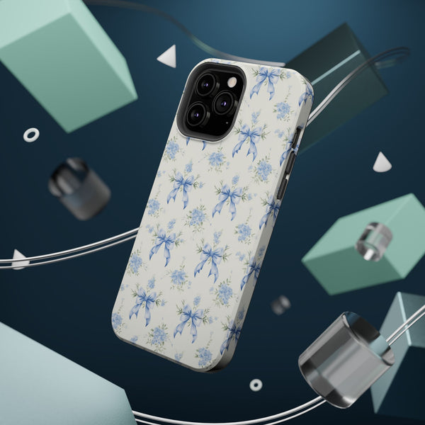 Mag Safe Phone Case  Preppy Blue Bows and Floral Design Magnetic Tough Case for iPhone - Durable