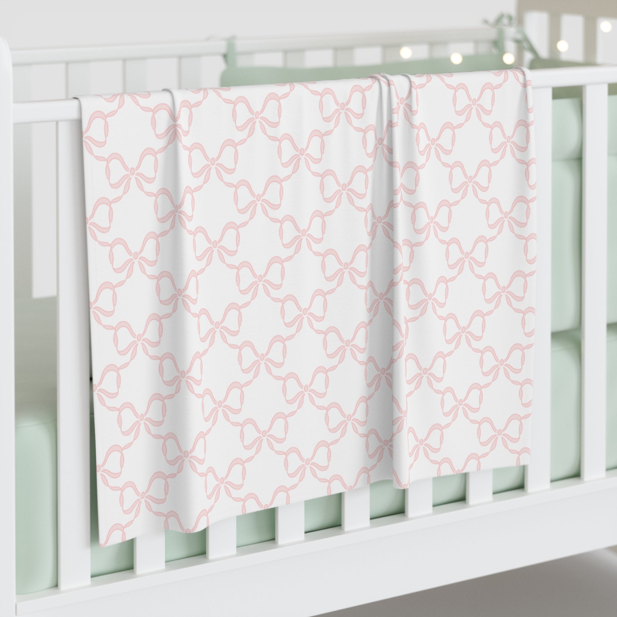 Baby Swaddle Blanket in watercolor bow print pattern - soft blush pink and white for girls, preppy baby nursery, preppy room decor