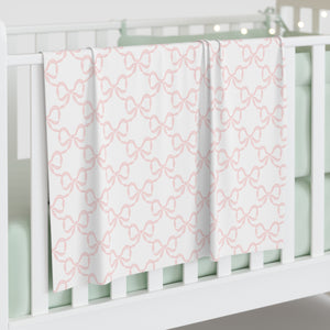 Baby Swaddle Blanket in watercolor bow print pattern - soft blush pink and white for girls, preppy baby nursery, preppy room decor