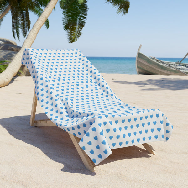 Beach or Bath Towel in Preppy Watercolor Blue Hearts - Choose from Two Sizes
