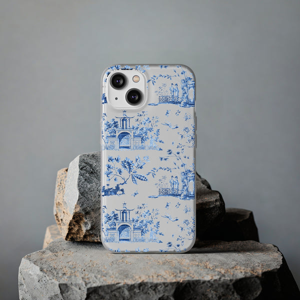 Flexible Phone Case - Chinoiserie Blue and White Toile Pagoda iPhone Samsung, White Background with Blue Toile Pattern