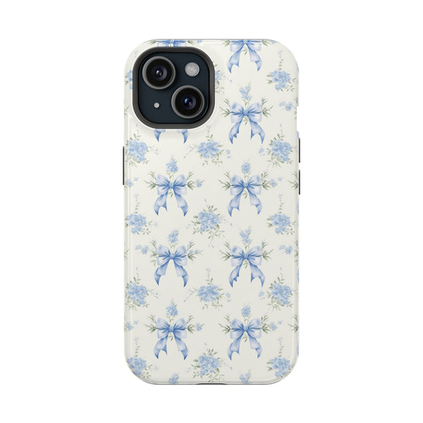 Mag Safe Phone Case  Preppy Blue Bows and Floral Design Magnetic Tough Case for iPhone - Durable