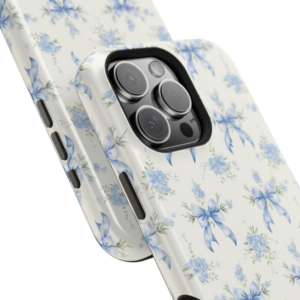 Mag Safe Phone Case  Preppy Blue Bows and Floral Design Magnetic Tough Case for iPhone - Durable
