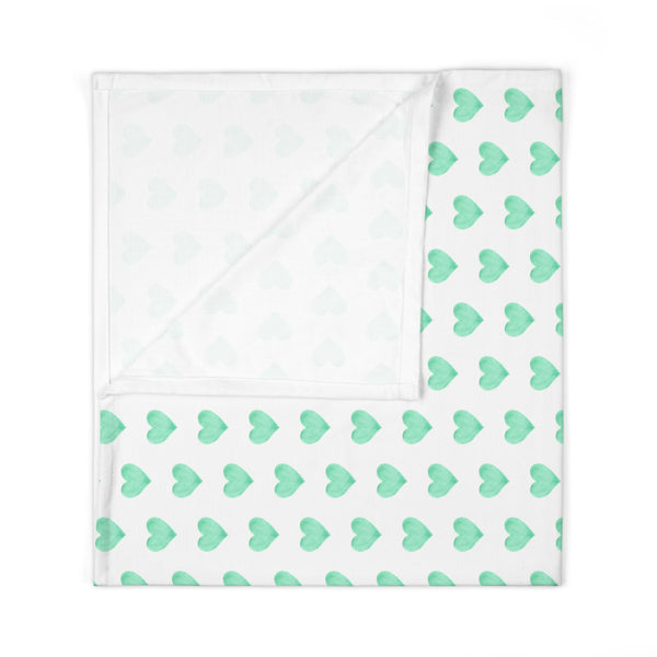Baby Swaddle Blanket in preppy watercolor heart print pattern - Softest Seafoam Green on white