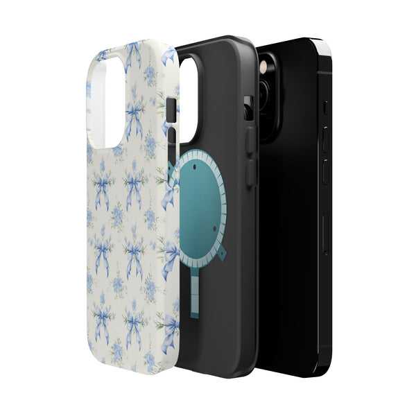 Mag Safe Phone Case  Preppy Blue Bows and Floral Design Magnetic Tough Case for iPhone - Durable