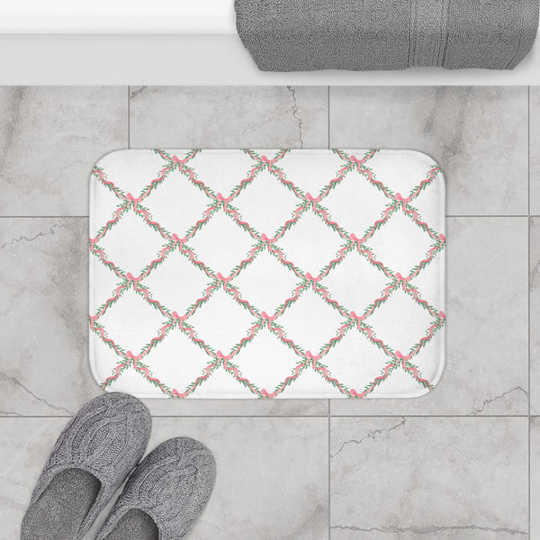 Bathmat Preppy Bow Lattice Watercolor Pink Bath Mat Plush White, Available in Two Sizes, Standard and Large - anti-slip back