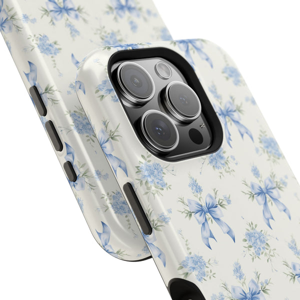 Mag Safe Phone Case  Preppy Blue Bows and Floral Design Magnetic Tough Case for iPhone - Durable