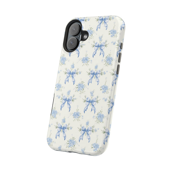Mag Safe Phone Case  Preppy Blue Bows and Floral Design Magnetic Tough Case for iPhone - Durable
