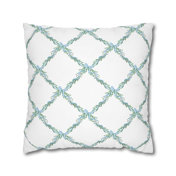 Pillow Cover Large Sham, Watercolor Lattice Floral Blue Bow  Loveshackfancy inspired, (insert not included) choose from 24" or 26" square