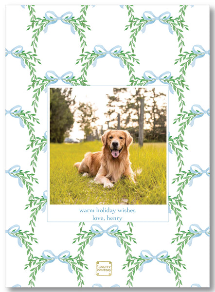 Holiday Photo Card Watercolor Bow Blue & Greenery
