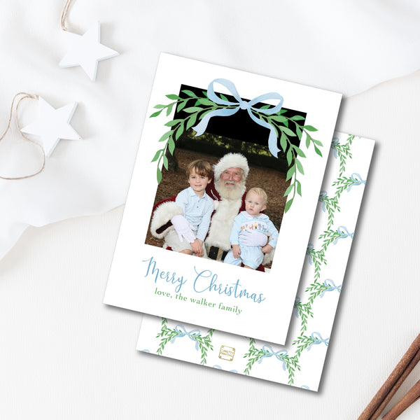 Holiday Photo Card Watercolor Bow Blue & Greenery