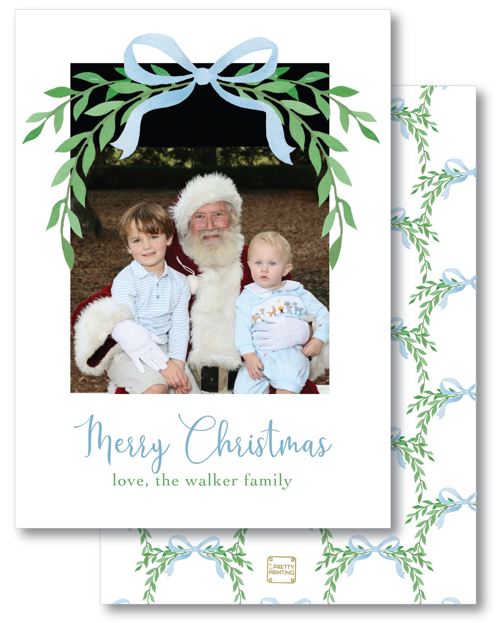 Holiday Photo Card Watercolor Bow Blue & Greenery