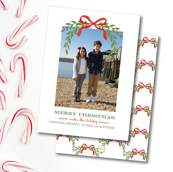 Holiday Photo Card Watercolor Bow Red & Greenery