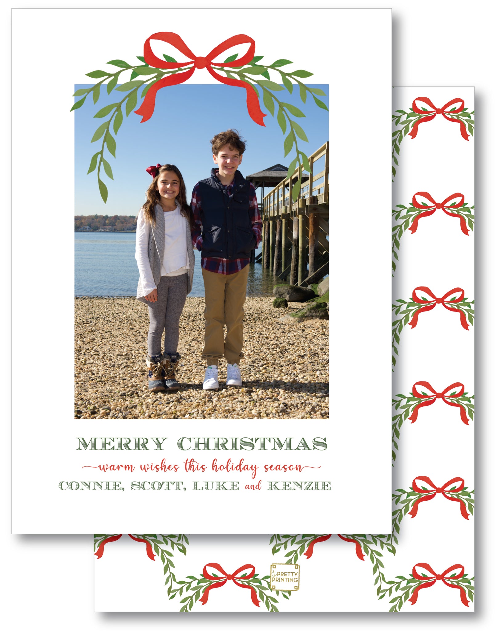Holiday Photo Card Watercolor Bow Red & Greenery