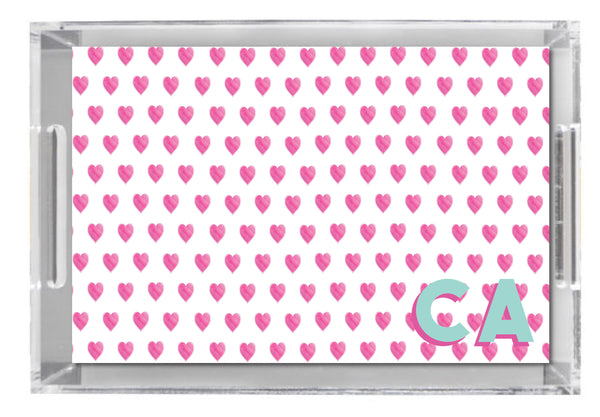 Lucite Tray - Preppy Water color Hearts Pink and White