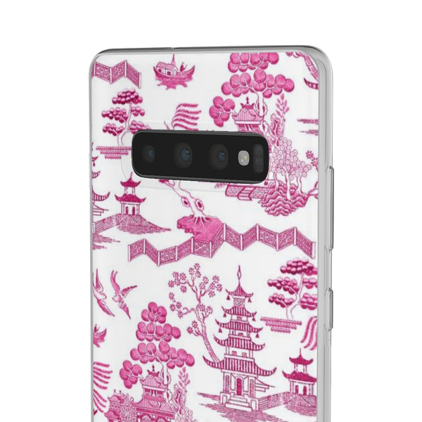 Flexible Phone Case - Chinoiserie Hot Pink and White Toile pagoda Choose style iPhone Samsung