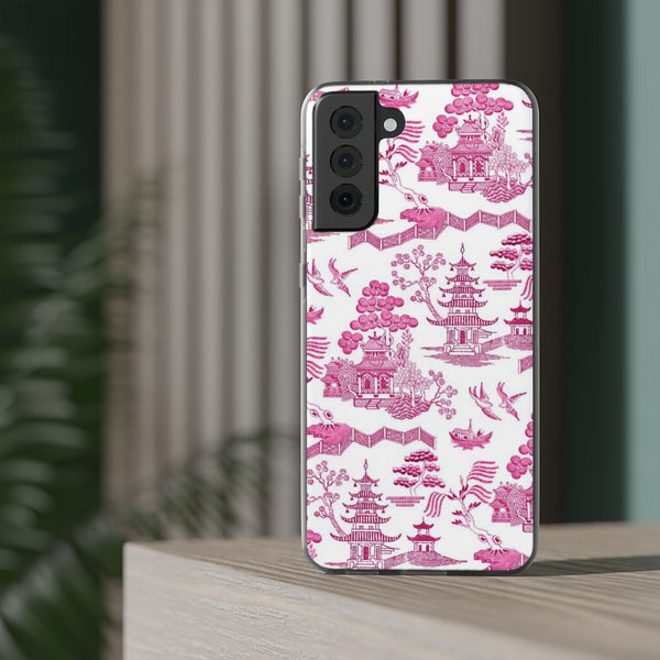 Flexible Phone Case - Chinoiserie Hot Pink and White Toile pagoda Choose style iPhone Samsung