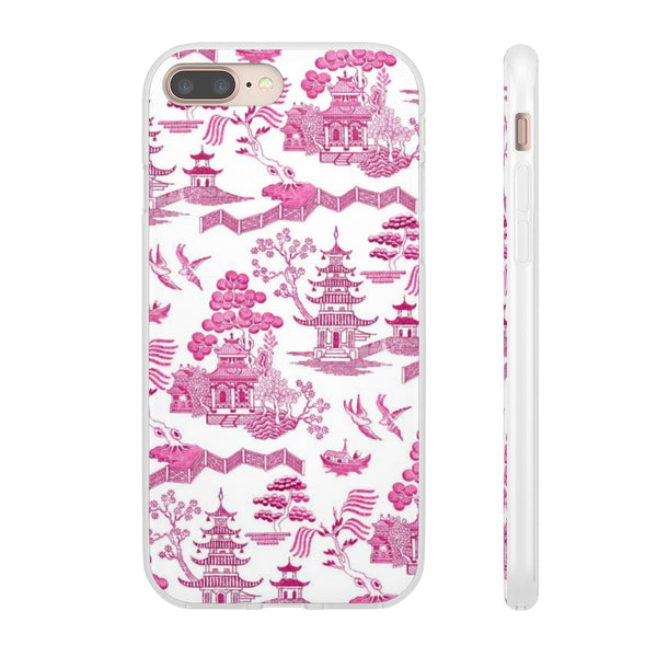 Flexible Phone Case - Chinoiserie Hot Pink and White Toile pagoda Choose style iPhone Samsung