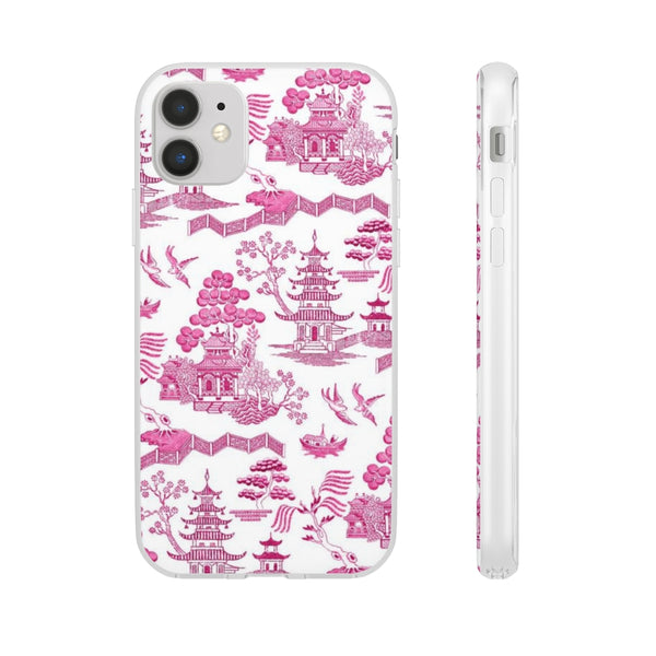 Flexible Phone Case - Chinoiserie Hot Pink and White Toile pagoda Choose style iPhone Samsung