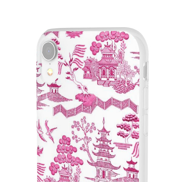 Flexible Phone Case - Chinoiserie Hot Pink and White Toile pagoda Choose style iPhone Samsung
