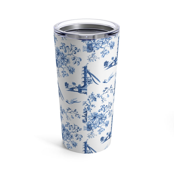 Chinoiserie Chic Blue and White Toile Tumbler Drink stays cool 20oz Loveshackfancy Inspired