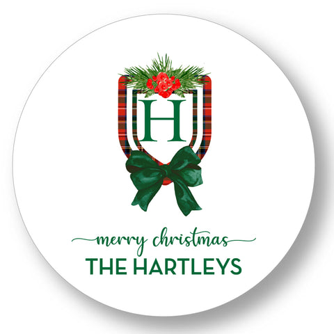 Holiday Gift Sticker Classic Crest Plaid Initial