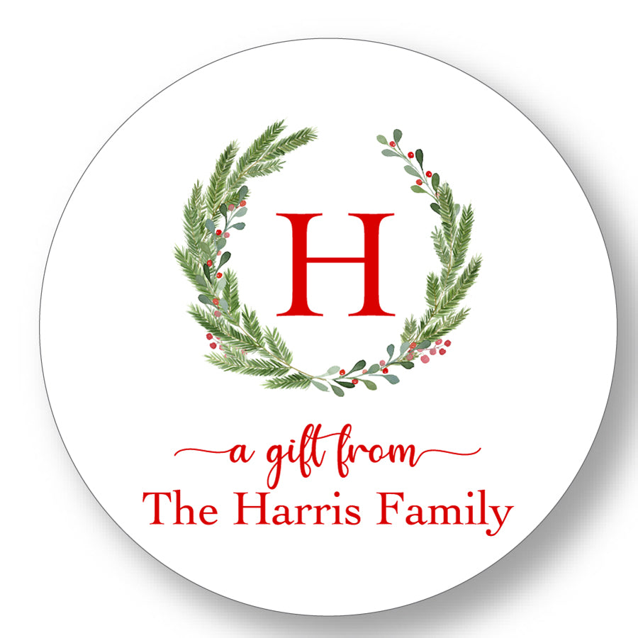 Holiday Gift Sticker Round Initial Wreath
