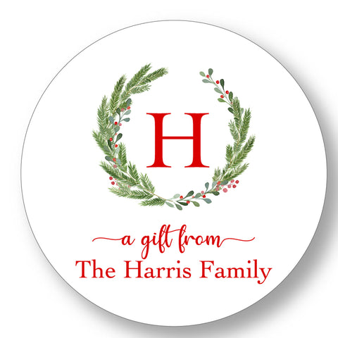 Holiday Gift Sticker Round Initial Wreath