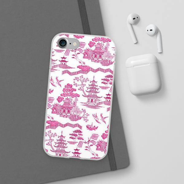 Flexible Phone Case - Chinoiserie Hot Pink and White Toile pagoda Choose style iPhone Samsung