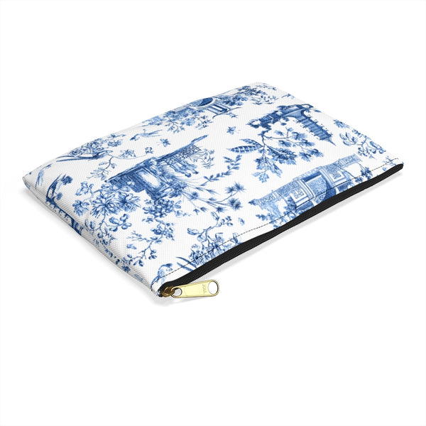 Chinoiserie Toile Blue and White Makeup Case, Toiletry Travel  - Accessory Pouch Available in Two Sizes - White canvas laminated interior