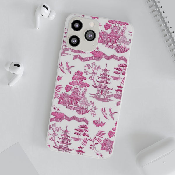 Flexible Phone Case - Chinoiserie Hot Pink and White Toile pagoda Choose style iPhone Samsung