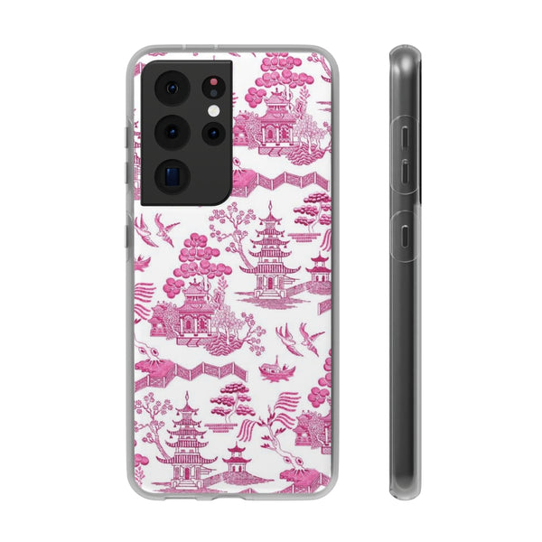 Flexible Phone Case - Chinoiserie Hot Pink and White Toile pagoda Choose style iPhone Samsung