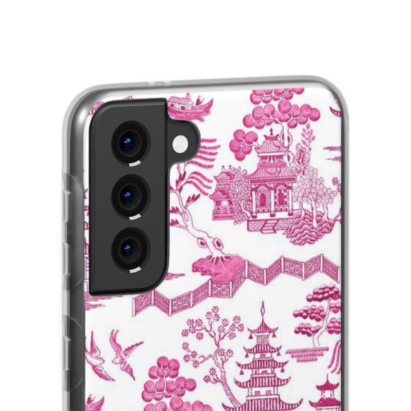 Flexible Phone Case - Chinoiserie Hot Pink and White Toile pagoda Choose style iPhone Samsung