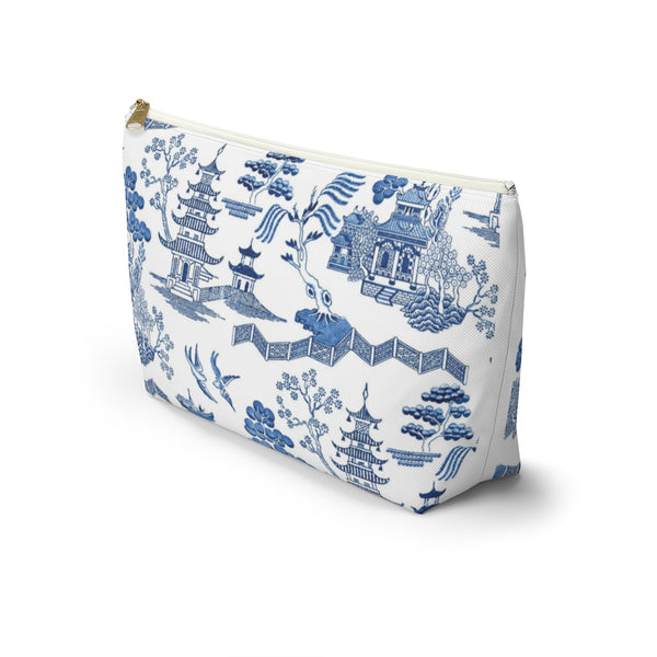 Chinoiserie, Toile, Blue and White - Accessory Zip Pouch Available in Two Sizes - White canvas laminated interior
