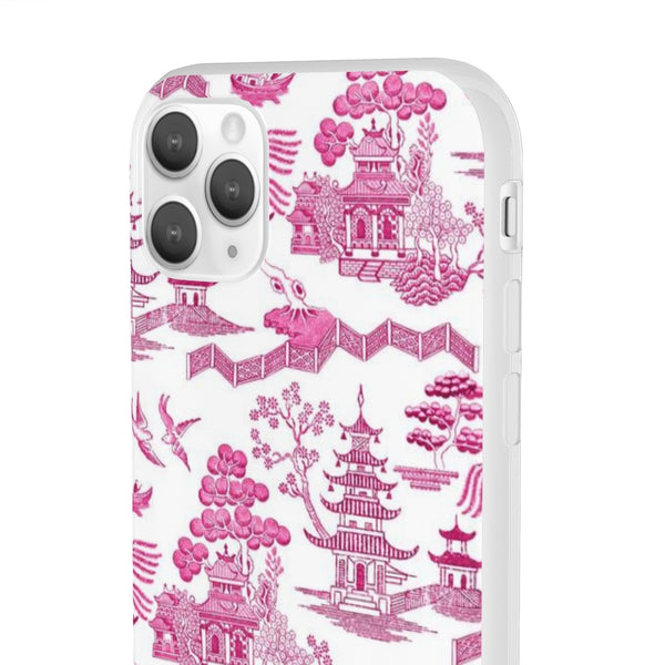 Flexible Phone Case - Chinoiserie Hot Pink and White Toile pagoda Choose style iPhone Samsung