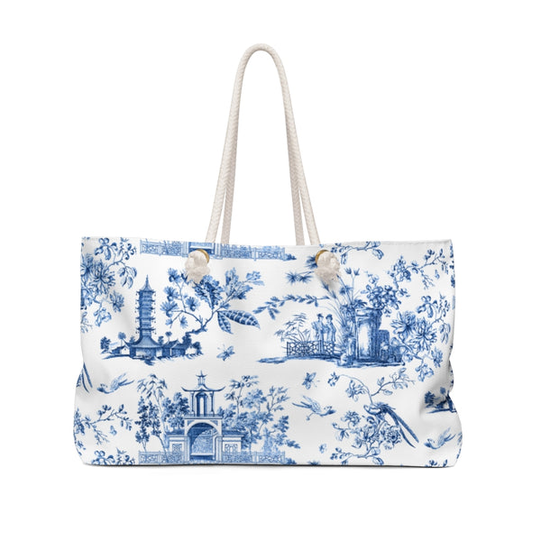 Toile Chinoiserie Chic Blue and White lover Boat Rope Tote Handle Bag Pool Beach Boat Weekender