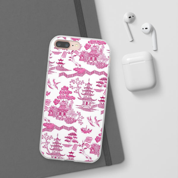 Flexible Phone Case - Chinoiserie Hot Pink and White Toile pagoda Choose style iPhone Samsung