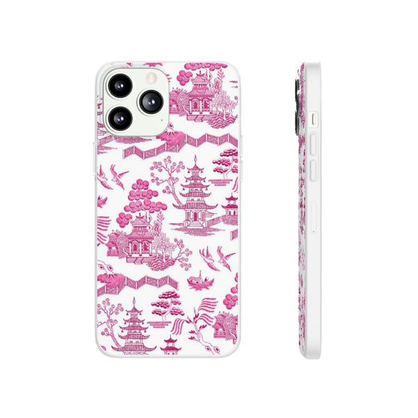 Flexible Phone Case - Chinoiserie Hot Pink and White Toile pagoda Choose style iPhone Samsung