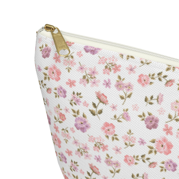 Preppy Fashionable Floral Shabby Chic - Accessory Zip Pouch Available in Two Sizes - White canvas laminated interior