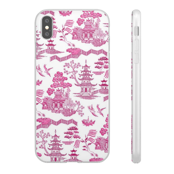 Flexible Phone Case - Chinoiserie Hot Pink and White Toile pagoda Choose style iPhone Samsung