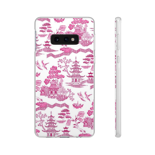 Flexible Phone Case - Chinoiserie Hot Pink and White Toile pagoda Choose style iPhone Samsung